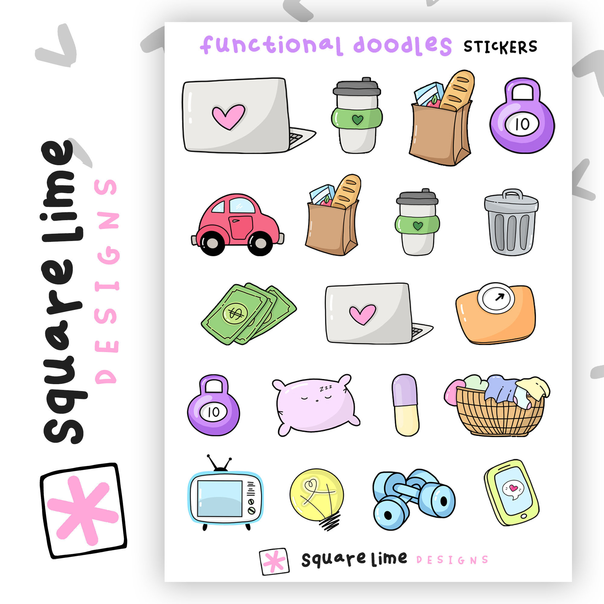 Functional Doodle Stickers - Planner + Diary Stickers - Bullet Journal  Stickers - Square Lime Designs - Laundry - Money - Weight Loss - Car