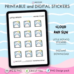 Pegatinas meteorológicas con iconos de nubes y sol - Imprimibles y digitales - Pegatinas para planificador Little Potato - JPG, PNG, Cricut, GoodNotes - Descarga instantánea