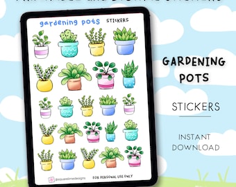 Gardening Pots Stickers – Plants Doodles - Printable and Digital Stickers – PDF, PNG, Cricut, GoodNotes Files - Instant Download