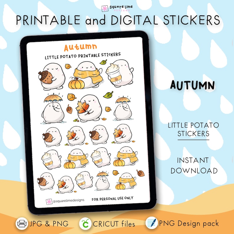 Adesivi digitali autunnali / Adesivi autunnali con piccole patate carine / Adesivi stampabili per planner / Download immediato / PDF, PNG, Cricut e GoodNotes immagine 1