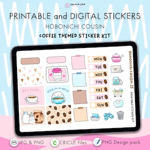 Coffee Themed Stickers - Printable & Digital Hobonichi Cousin Sticker Kit – JPG, PNG, Cricut, GoodNote Files, PNG Design Pack