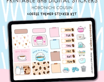 Coffee Themed Stickers - Printable & Digital Hobonichi Cousin Sticker Kit – JPG, PNG, Cricut, GoodNote Files, PNG Design Pack