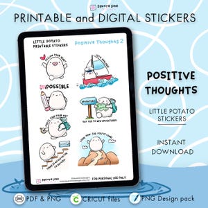 Puede incluir: Descarga digital de pegatinas "Positive Thoughts" con adorables personajes de patata y mensajes inspiradores. Las pegatinas incluyen frases como "Sigue a tu corazón" y "¡Exploremos!" en un diseño caprichoso. Disponibles en formatos PDF, PNG y Cricut.
