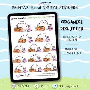 Könnte beinhalten: Digitale Sticker mit einem niedlichen weißen Kartoffel-Charakter, der organisiert und entrümpelt. Die Sticker zeigen die Kartoffel mit Kisten mit der Aufschrift "KEEP" und Beuteln mit der Aufschrift "GIVE". Der Text "PRINTABLE and DIGITAL STICKERS" ist enthalten.