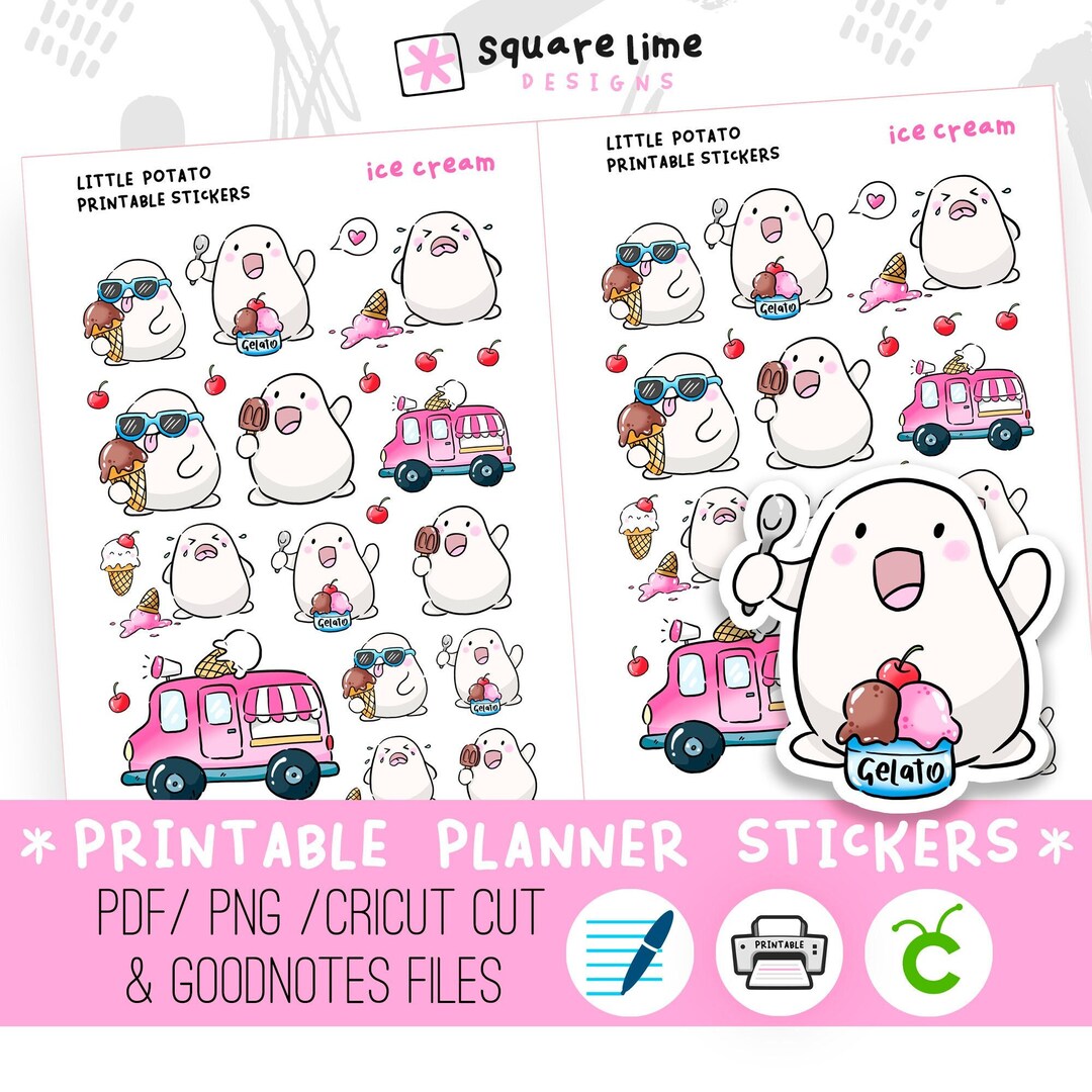 Ice Cream Themed Printable Stickers Featuring Little Potato, Creamy Ice ...