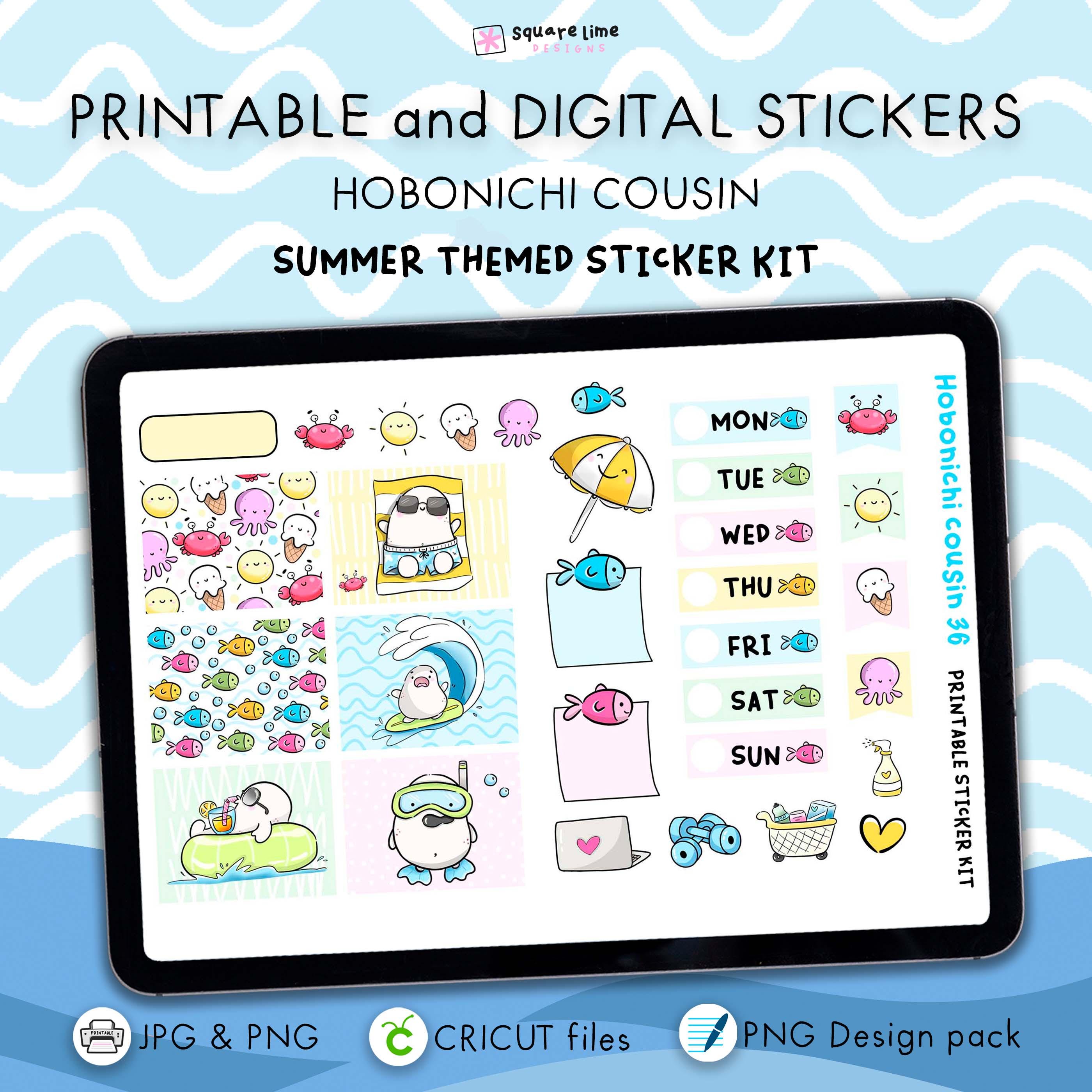 Summer Themed Stickers - Printable & Digital Hobonichi Cousin Sticker Kit – JPG, PNG, Cricut, GoodNote Files, PNG Design Pack