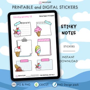 Puede incluir: Un conjunto de pegatinas digitales en una tableta, con diseños de conos de helado y notas adhesivas. El texto incluye "Pegatinas imprimibles y digitales", "Sticky Notes 18" y "Descarga instantánea". Las pegatinas están en formatos JPG y PNG.