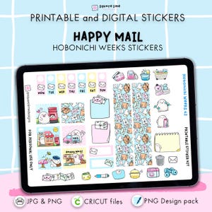 Kit di adesivi Happy Mail Hobonichi Weeks - Adesivi stampabili e digitali - File JPG, PNG, Cricut, GoodNotes - Download immediato