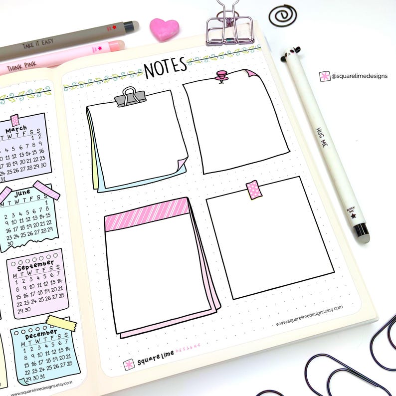 Pode incluir: Uma p&aacute;gina de planejador imprim&iacute;vel com quatro se&ccedil;&otilde;es de notas em branco. A p&aacute;gina tem um design listrado rosa e branco e as palavras "NOTES" e "square lime" est&atilde;o impressas na p&aacute;gina.