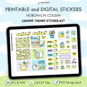 Lemon Themed Stickers - Printable & Digital Hobonichi Cousin Sticker Kit – JPG, PNG, Cricut, GoodNote Files, PNG Design Pack