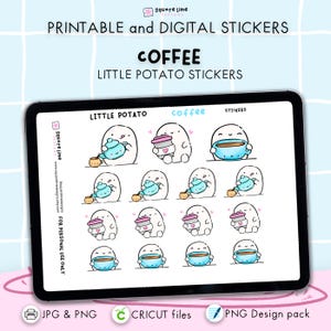 Naklejki z kawą – wzory do druku i cyfrowe – Naklejki do planera Little Potato – pliki JPG, PNG, Cricut, GoodNotes – natychmiastowe pobranie