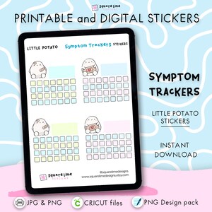 Puede incluir: Pegatinas digitales e imprimibles para el seguimiento de síntomas con personajes de Little Potato. Las pegatinas están diseñadas con colores pastel e incluyen espacios para el seguimiento de síntomas. También incluye el texto "Descarga instantánea".