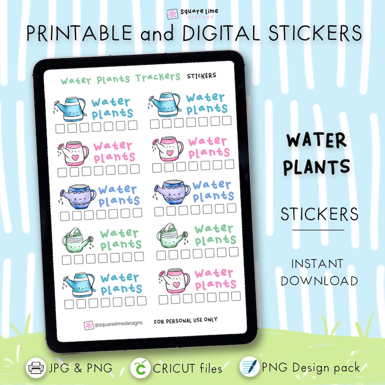 Water Plants Trackers Stickers – Watering Can Doodle - Printable and Digital Stickers – JPG, PNG, Cricut, GoodNotes Files - Instant Download image 1