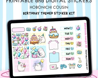 Birthday Themed Stickers - Printable & Digital Hobonichi Cousin Sticker Kit – JPG, PNG, Cricut, GoodNote Files, PNG Design Pack