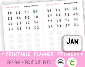 GREY Mini Planner Divider Tabs Printable Stickers - Digital Stickers - JPG, PNG and Cricut Files