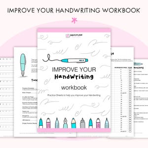 May include: A handwriting workbook with a pink cover featuring the text "Improve Your Handwriting" and a drawing of a pen. The workbook includes practice sheets and a schedule. The cover also has the Square Lime Design logo.
