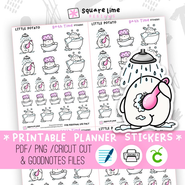 Bath Time Printable Stickers featuring Little Potato, Shower, Pampering Day, Selfcare,  Digital Stickers, PNG, Cricut and GoodNotes Files