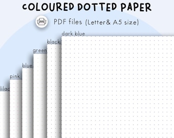 Färgat punktpapper - Digitalt och utskrivbart - Rosa, ljusblått, lila, grönt, mörkblått, svart - A5- och Letter-storlek - PDF-utskrivbart