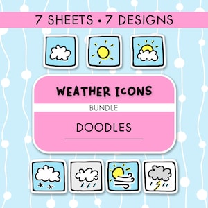 Pode incluir: Um conjunto de autocolantes digitais intitulado Weather Icons Bundle Doodles com 7 folhas e 7 designs. Os gráficos incluem quadrados desenhados à mão que representam várias condições meteorológicas como sol, nuvens, chuva, neve, vento e relâmpagos.