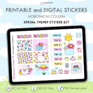 Spring Themed Stickers - Printable & Digital Hobonichi Cousin Sticker Kit – JPG, PNG, Cricut, GoodNote Files, PNG Design Pack