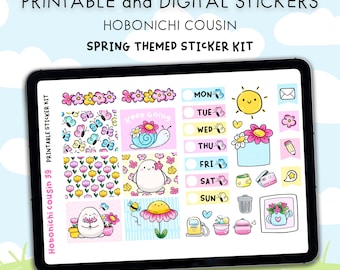 Spring Themed Stickers - Printable & Digital Hobonichi Cousin Sticker Kit – JPG, PNG, Cricut, GoodNote Files, PNG Design Pack