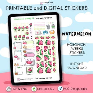 Kit de adesivos da Semana de Hobonichi de melancia – Adesivos para impressão e digitais – Arquivos PDF, PNG, Cricut, GoodNotes – Download instantâneo