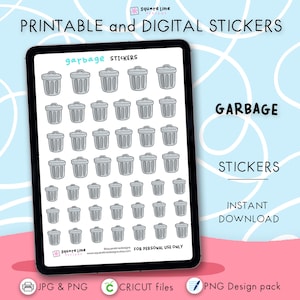 Garbage Stickers – Rubbish Bin Doodles - Printable and Digital Stickers – JPG, PNG, Cricut, GoodNotes Files - Instant Download