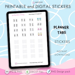 Planner Tabs Stickers - Graue Divider Tabs - Druckbare und digitale Aufkleber - JPG, PNG, Cricut, GoodNotes Dateien - Sofort Download