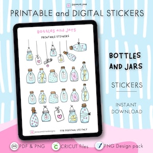 Pegatinas de botellas y frascos: garabatos con mensajes en botellas - Diseños imprimibles y digitales - Archivos PDF, PNG, Cricut y GoodNotes - Descarga instantánea