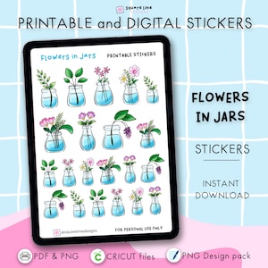 Flowers in Jars Stickers – Plants Doodles - Printable and Digital Stickers – PDF, PNG, Cricut, GoodNotes Files - Instant Download