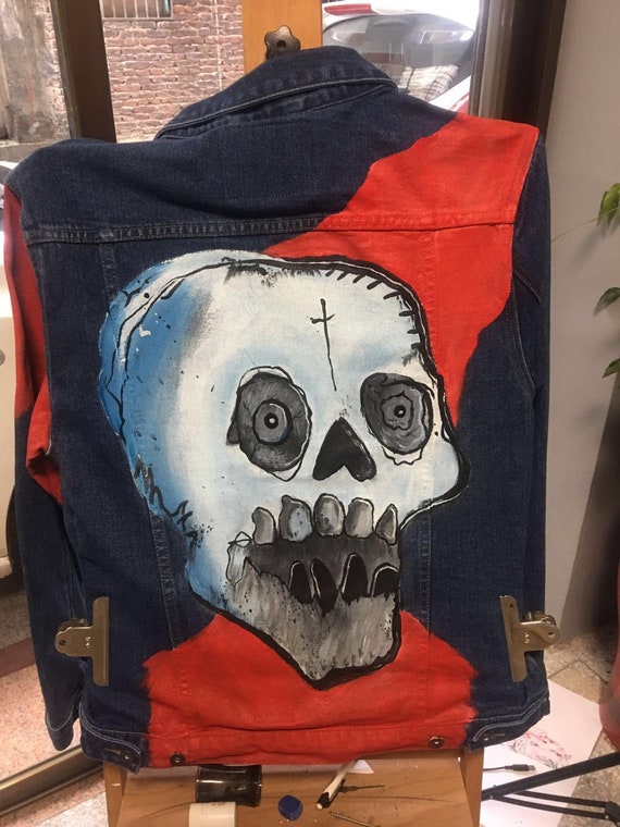 Lil Peep 手描きスカル デニムジャケット カスタムアートジャケット 