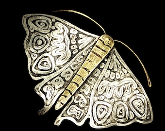 Handmade Moth Brooch, Etched Alpaca Silver & Brass Butterfly Pin, Mystic Insect Jewelry, Wearable Art Statement Brooch, Gift for Her