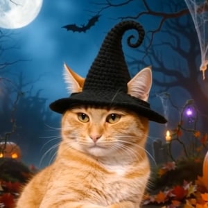 Può includere: Un gatto arancione con un cappello da strega nero, ambientato in una scena di Halloween. Lo sfondo presenta una luna piena, zucche intagliate e una foresta spettrale con ragnatele e una lapide.