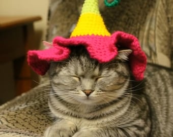 Flower Cat Hat Crochet Pattern, Pet Birthday Sunhat (PDF Download)