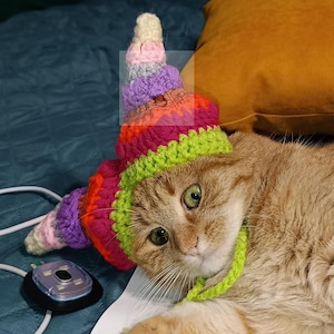 Patrón PDF de gorro de bufón de ganchillo para gato y perro pequeño/ Gorro de gato Bard Beanie/ Disfraz de bufón acogedor para perro pequeño/ Disfraz colorido de Joker para mascota DIY