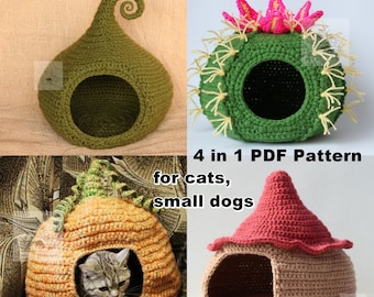 Set 4 in 1 Crochet PDF Patterns for cats and small dogs/ House, bed, hide, hut, sack for cats and small dogs