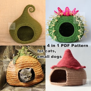 Set 4 in 1 Crochet PDF Patterns for cats and small dogs/ House, bed, hide, hut, sack for cats and small dogs