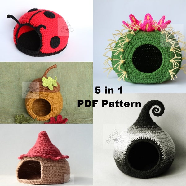 Set 5 in 1 Crochet PDF Patterns/ House, bed, hide, sack for pets: hamster, rat, hedgehog, gecko, guinea pig, bearded dragon, snake, ferret