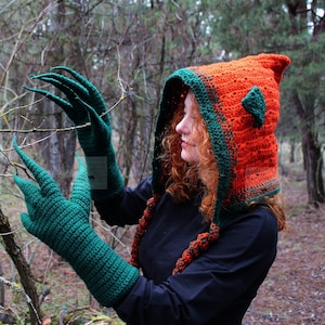 Forest Witch costume Crochet PATTERN - Hood and gloves SET/ Pixie Elf fairy hood crochet pattern/ Woodfolk Hat and Monster hands pattern