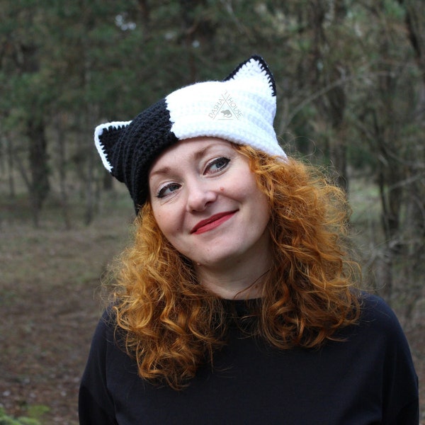 Cat Ears Beanie Crochet PATTERN/ Cat Hat Adult Size pattern/ Black and white cat hat