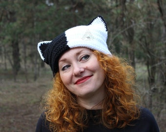 Cat Ears Beanie Crochet PATTERN/ Cat Hat Adult Size pattern/ Black and white cat hat