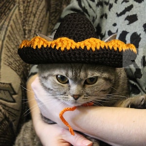 May include: A gray tabby cat wearing a black and orange crocheted sombrero. The hat has a decorative orange trim. The cat is being held by a person. The word "PATTERN" is written vertically in orange letters on the left side of the image.