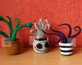 Ensemble de plantes cauchemar d'Halloween 3 en 1 motif au crochet / motif plante horreur / fausse plante dans un pot / plante succulente pour la décoration intérieure