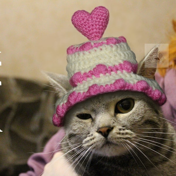 Cat Valentines Day hat crochet pattern/ Cat Love heart hat with Ear Holes pattern/ Cupcake hat cat crochet pattern