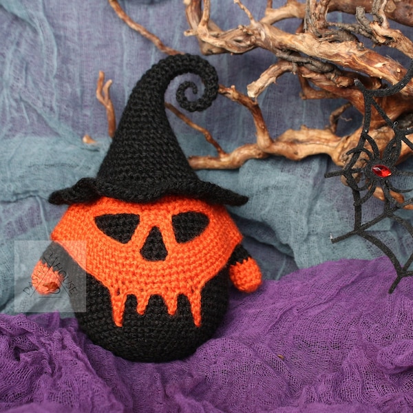 Skull Gnome crochet pattern/ Amigurumi halloween pumpkin gnome/ Autumn pumpkin crochet skeleton gnome/ Monster Gnome DIY