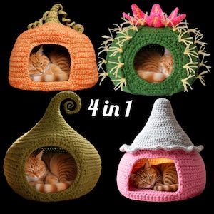 Patrón de cama para mascotas a crochet 4 en 1, casita para gatos, cueva para perros (descarga en PDF)