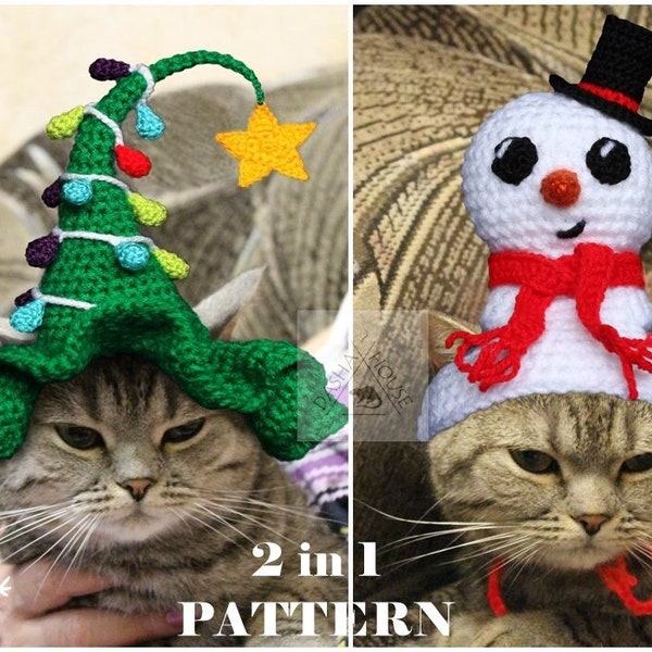 Christmas hats for cat 2 in 1 set Crochet Pattern/ Christmas Snowman hat for cat/ Christmas tree cat hat/ Winter xmas hat for pet