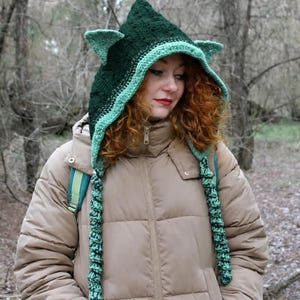 May include: A dark green crocheted hood featuring a pointed top, two small triangular ears, and a light green trim along the face opening. Two long, spiralled crocheted tassels hang down from the sides of the hood, which is worn over a beige jacket.