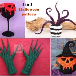 Set 4 in 1 decorazioni di Halloween schemi all'uncinetto/schema Amigurumi di Halloween/schema giocattolo di Halloween/schema teschio all'uncinetto