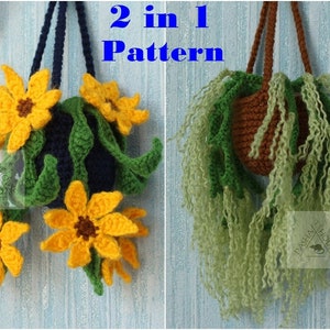 May include: Two crochet hanging planter patterns, one with sunflowers and green leaves, the other with long green strands. The pattern is called "2 in 1 Pattern".